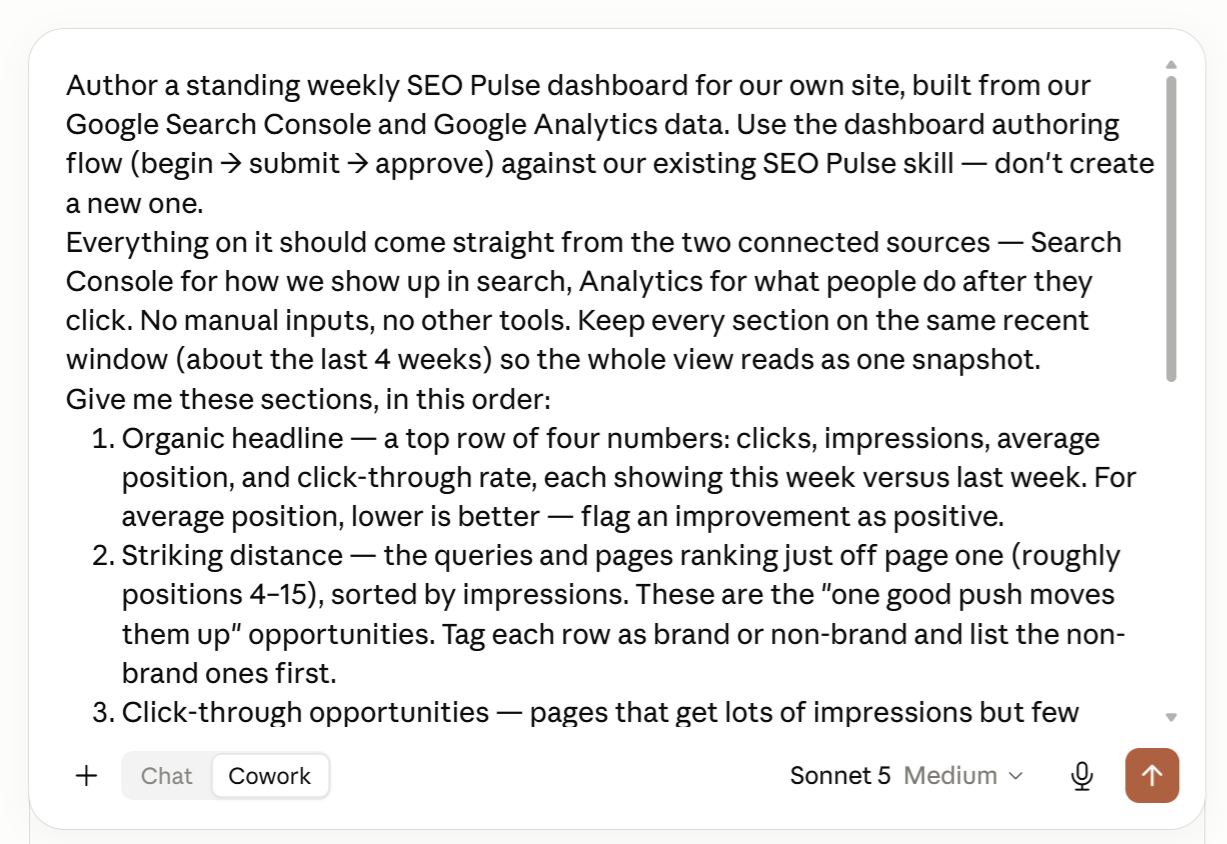 Authoring the SEO Pulse dashboard by describing a good SEO week in plain language